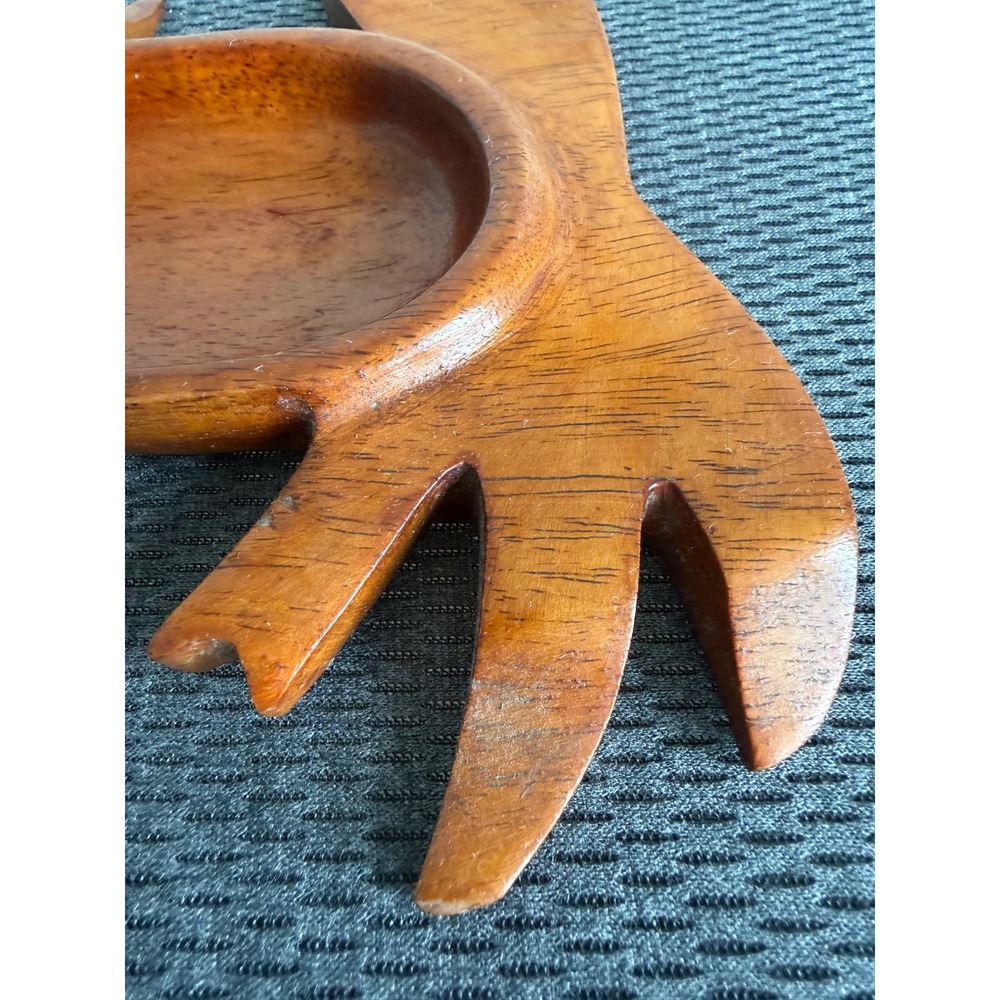 Vintage Hand Carved Wood Crab Trinket Dish Coastal Nautical Decor Small Bowl 6" - Picture 2 of 10